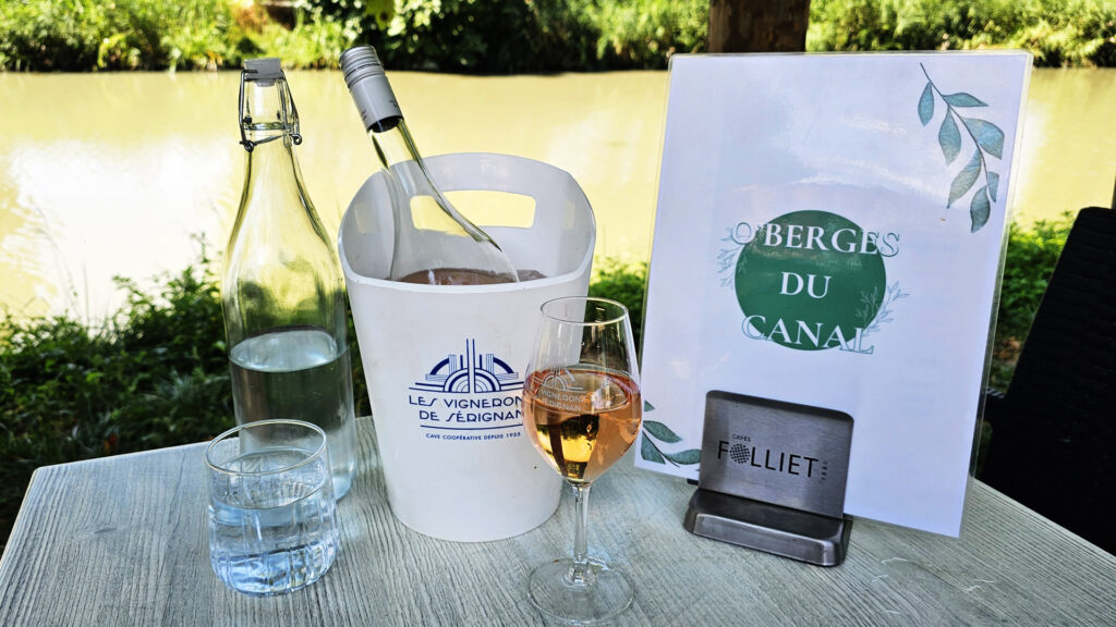 A bottle of rose from Les Vignerons de Sérignan, served at the edge of the Canal du Midi at O'Berges du Canal.